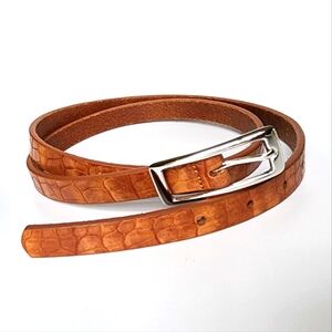 Skinny Belt Women's Size Medium Croc Embossed Cognac Tan, Silver Buckle